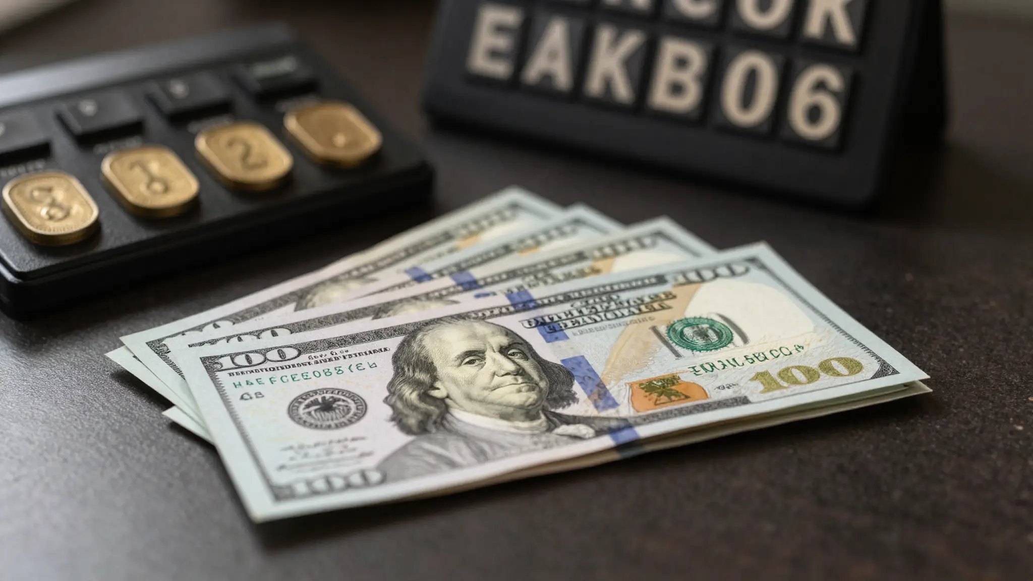 أوراق نقدية من فئة مئة دولار أمريكي مرتّبة بجانب لوحة أسعار صرف العملات في صورة تعبيرية عن سعر الدولار وأسواق الصرف